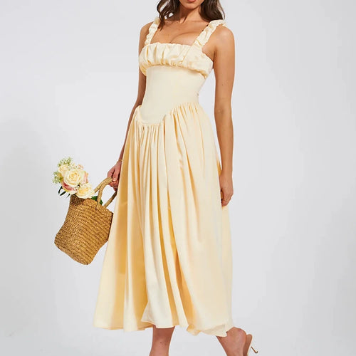 Load image into Gallery viewer, Elegant Satin Backless Midi Dress For Women High Quality Sundress Fashion Square Collar Sleeveless Loose Pleated Dress
