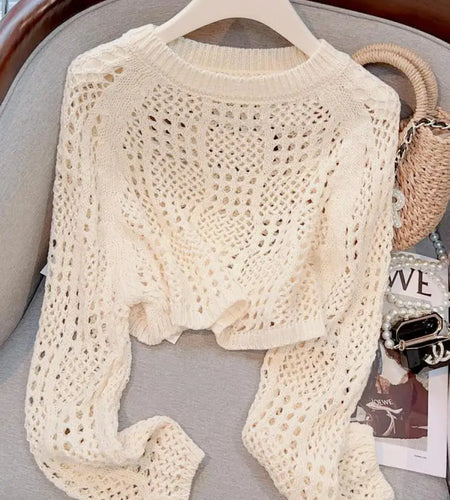 Spring Autumn Women Black White Hollow Out Short Pullover Sweater Korean Beige Round Neck Loose Long Sleeved Knitted Tops Casual