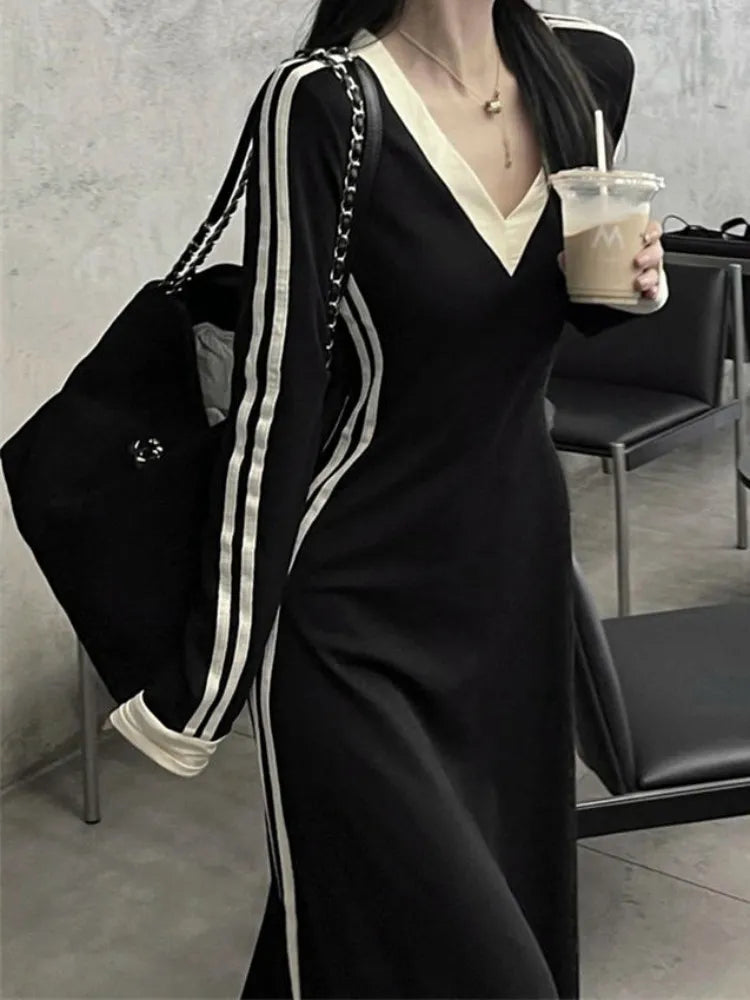 Korean Style Oversize Striped Long Dress Women Kpop Casual Design Sport School Maxi Dresses V-neck Autumn