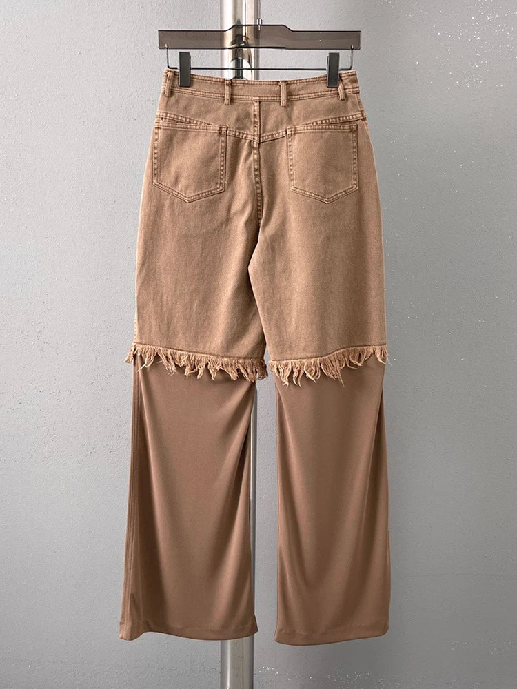 Solid Raw Hem Casual Denim Floor Length Trousers For Women High Waist Spliced Pockets Loose Wide Leg Jeans Female Fashion