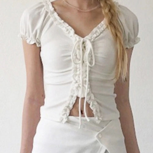 Load image into Gallery viewer, Women Y2k Aesthetic Ruffled Bandage T-shirt Summer Harajuku Fairy Vintage Slim Fit Tees Grunge Cropped Pleated Tops Streetwear
