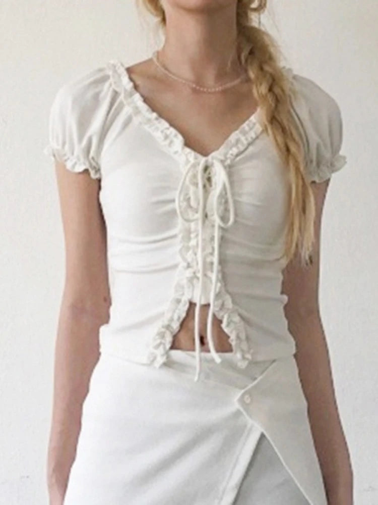 Women Y2k Aesthetic Ruffled Bandage T-shirt Summer Harajuku Fairy Vintage Slim Fit Tees Grunge Cropped Pleated Tops Streetwear