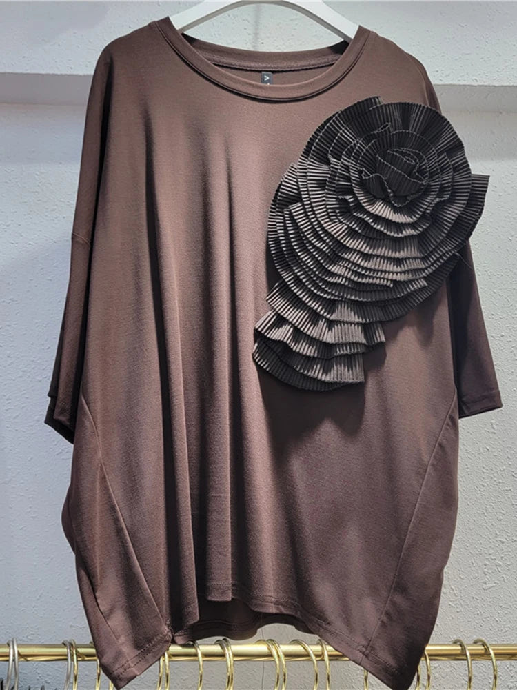 Women Rose Red Three-dimensional Flower Big Size T-shirt New Round Neck Short Sleeve Fashion Spring Summer 2025 1DH9985