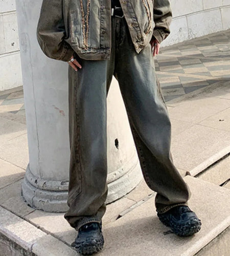 Autumn New Trendy Men's Denim Set American High Street Washed Straight Jeans Turn-down Collar Jacket Gradient Suit 9C8908