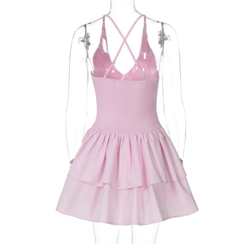 Load image into Gallery viewer, Halter V Neck Ruffle Mini Dress Women Robe Summer New Patchwork Spaghetti Strap Sleeveless High Waist A-line Dress
