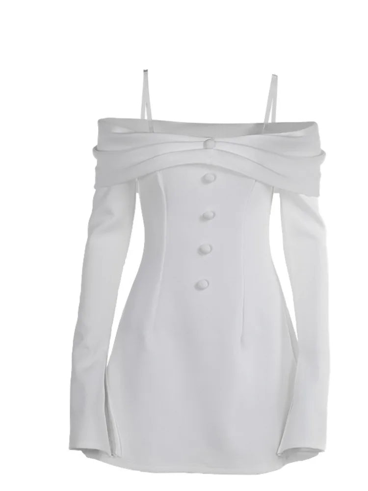 Fashion Long Sleeve Button Bodycon Women Dress 2024 Autumn New Skirt Sexy Slim One Shoulder Party Club Evening Dress