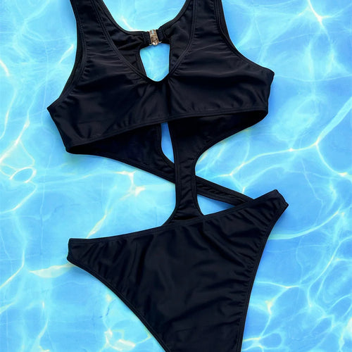 Load image into Gallery viewer, Asymmetric Cut Out One Piece Swimsuit Women 2025 Black Halter Monokini Sexy Brazilian Swimwear Backless Bathing Suit
