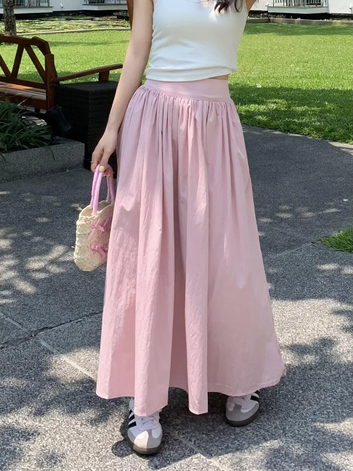 Spring Summer Women Solid Holiday Pleated Half Long Skirts Vintage Elastic High Waist Chic A-line Skirt Simplicity Casual Street