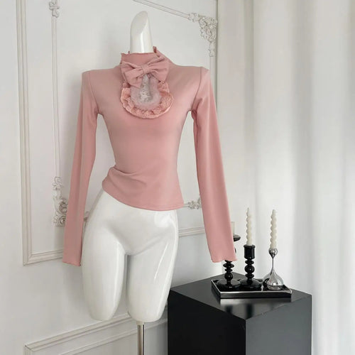 Load image into Gallery viewer, Vintage New 2024 Women's Autumn White Lace Bow Holiday Short T Shirt Pink Elegant Long Sleeve Slim Bottom Tops Fashion Versatile
