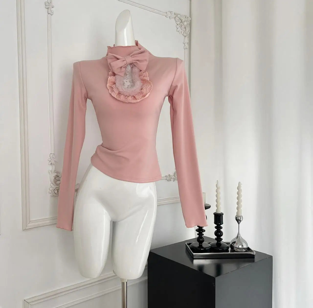 Vintage New 2024 Women's Autumn White Lace Bow Holiday Short T Shirt Pink Elegant Long Sleeve Slim Bottom Tops Fashion Versatile