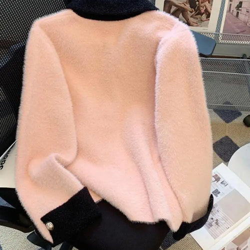 Load image into Gallery viewer, Autumn Winter Retro Sweet Pink White Patchwork Elegant Knitted Cardigan Tops Women French Single Breasted Long Sleeve Sweaters
