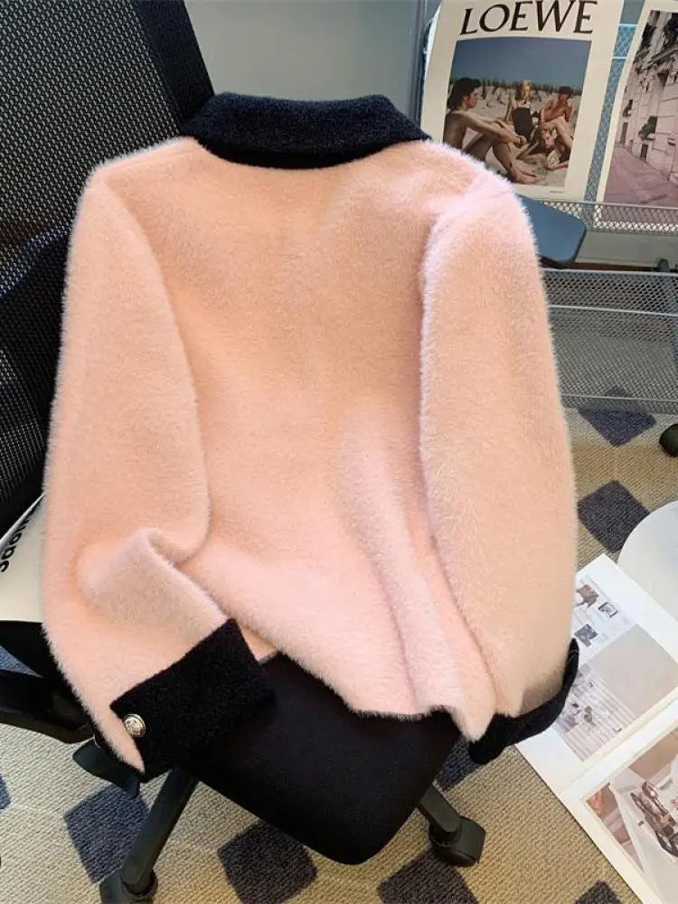 Autumn Winter Retro Sweet Pink White Patchwork Elegant Knitted Cardigan Tops Women French Single Breasted Long Sleeve Sweaters