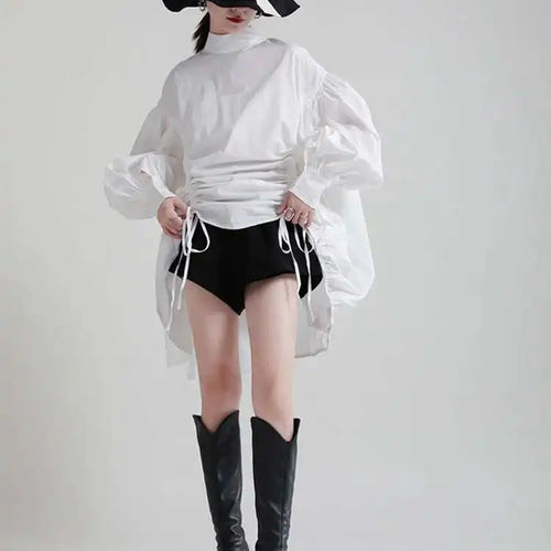 Load image into Gallery viewer, Women Balck Irregular Drawstring Big Size Dress New Stand Collar Long Sleeve Loose Fit Fashion Spring Autumn 2025 1Z18901
