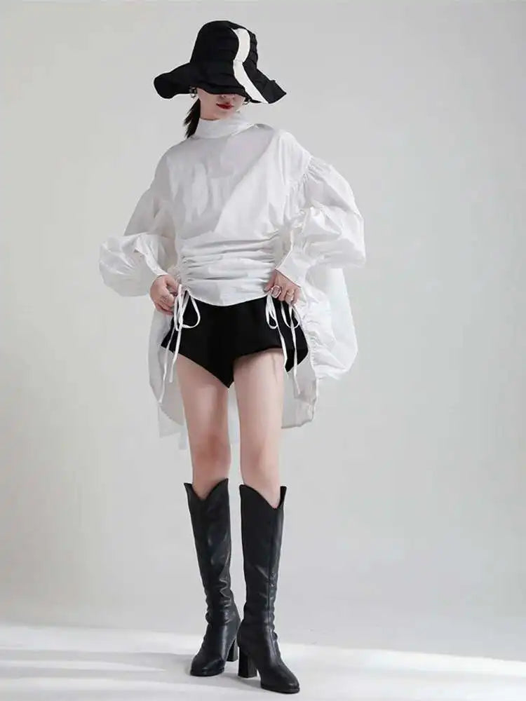 Women Balck Irregular Drawstring Big Size Dress New Stand Collar Long Sleeve Loose Fit Fashion Spring Autumn 2025 1Z18901