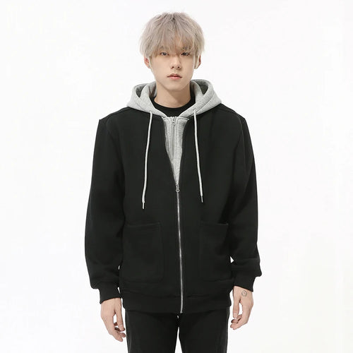 Load image into Gallery viewer, Fake Two-piece Men&#39;s Jackets Hooded Drawstring Casual Contrast Color Korean Style Loose Zipper Male Coats Fashion 9C9215
