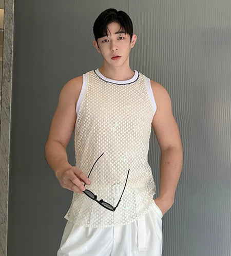 Niche Design Thin Men's Tank Tops Round Neck Sleeveless Sequins Hollow Out Casual Male Clothing Summer 9C6326
