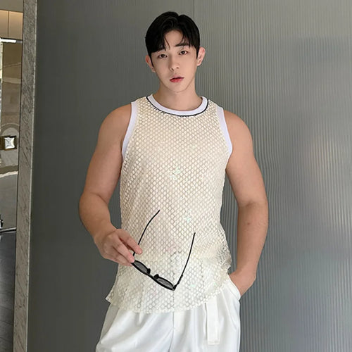 Load image into Gallery viewer, Niche Design Thin Men&#39;s Tank Tops Round Neck Sleeveless Sequins Hollow Out Casual Male Clothing Summer 9C6326
