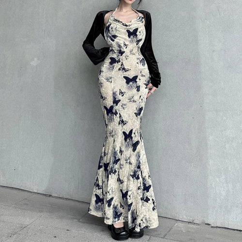 Load image into Gallery viewer, Fashion Elegant Halter Neck Velour Long Dress Backless Butterfly Printed Korean Vintage Sexy Dresses Party Fairycore
