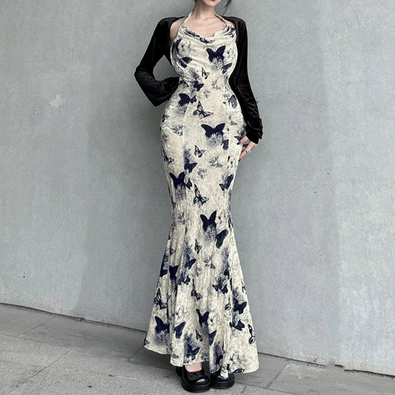 Fashion Elegant Halter Neck Velour Long Dress Backless Butterfly Printed Korean Vintage Sexy Dresses Party Fairycore