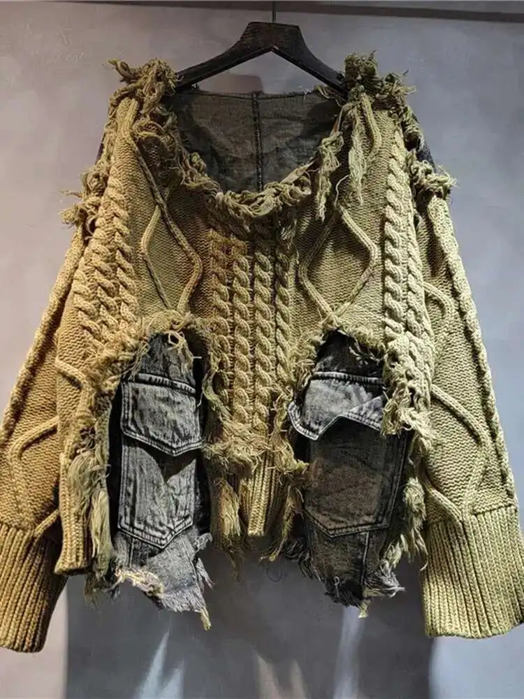 Orange Denim Big Size Knitting Sweater Round Neck Long Sleeve Women Pullovers New Fashion Tide Spring Autumn 2025 16U1329