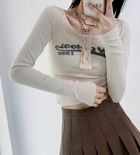 Vintage Letter Print Crop Tops Grunge Ribbed T-shirts Sexy Slim Long Sleeve Tee Shirt Women Korean Fashion Streetwear