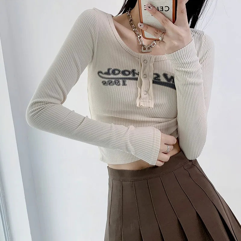 Vintage Letter Print Crop Tops Grunge Ribbed T-shirts Sexy Slim Long Sleeve Tee Shirt Women Korean Fashion Streetwear
