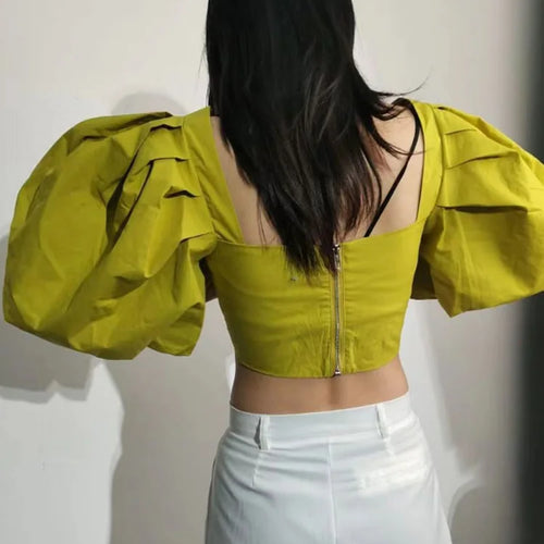 Load image into Gallery viewer, Elegant Solid Shirts For Women Square Collar Short Puff Sleeve High Waist Patchwork Zipper Casual Blouses Female Style
