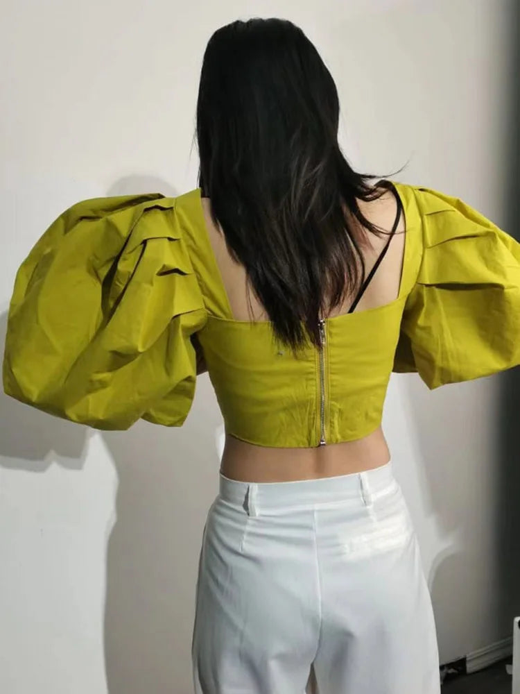 Elegant Solid Shirts For Women Square Collar Short Puff Sleeve High Waist Patchwork Zipper Casual Blouses Female Style