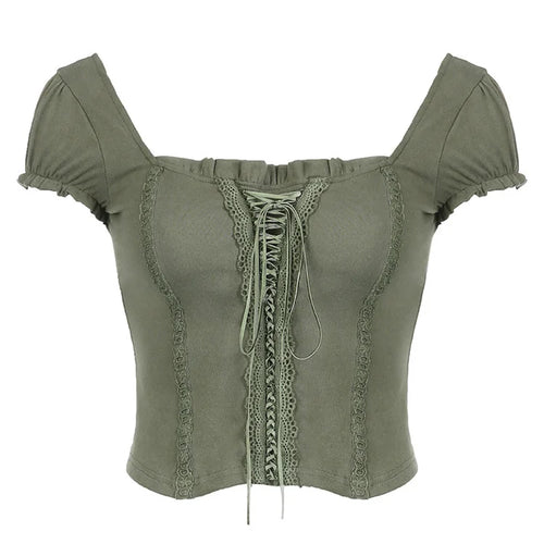 Load image into Gallery viewer, y2k Green Lace Crop Top Trim Square Collar Short Sleeve T Shirt Women Fairycore Balletcore Chic Tee Summer Korean 90s
