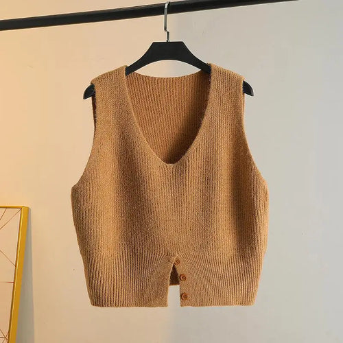 Load image into Gallery viewer, Women Solid V Neck New Holiday Loose Sleeveless Short Sweater Vest Autumn Winter Casual Versatile Split Knit Tank Tops Fashion
