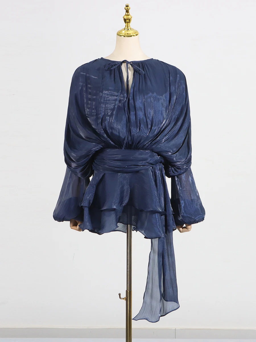 Solid Spliced Lace Up Mini Dresses For Women O Neck Long Sleeve High Waist Designer Dress Female Fashion Style New