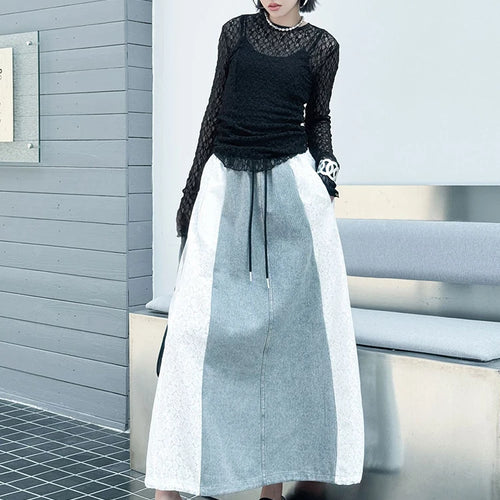 Load image into Gallery viewer, High Elastic Waist Black Denim Lace Color-block A-line Half-body Skirt Women Fashion Tide New Spring Autumn 2025 1DJ0847
