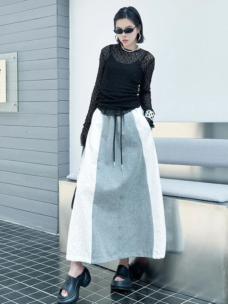 High Elastic Waist Black Denim Lace Color-block A-line Half-body Skirt Women Fashion Tide New Spring Autumn 2025 1DJ0847