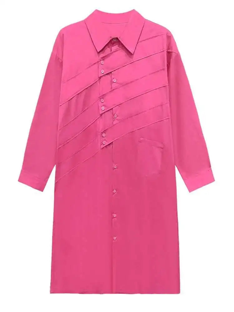 Women Rose Red Button Design Big Size Midi Shirt Dress New Lapel Long Sleeve Fashion Tide Spring Autumn 2025 1DH5165