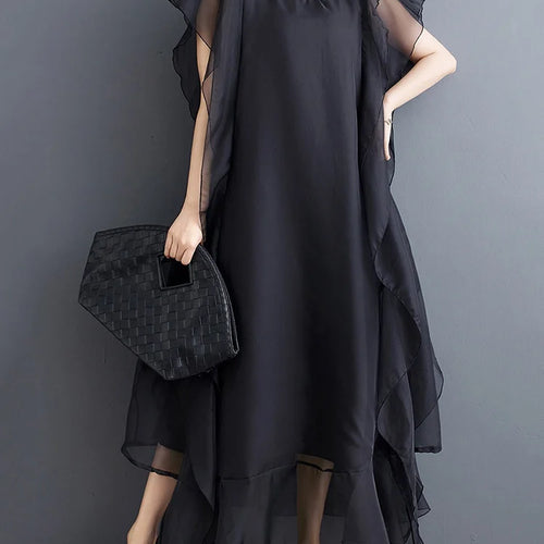 Load image into Gallery viewer, Women Black Ruffles Spliced Big Size Long Dress New Round Neck Short Sleeve Fashion Tide Spring Summer 2025 1DJ0327
