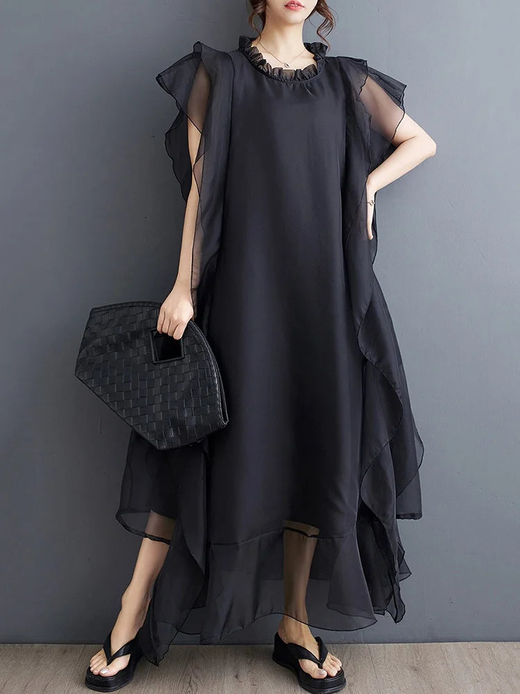 Women Black Ruffles Spliced Big Size Long Dress New Round Neck Short Sleeve Fashion Tide Spring Summer 2025 1DJ0327
