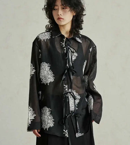 Women Black Printed Perspective Big Size Thin Blouse New Lapel Long Sleeve Shirt Fashion Tide Spring Autumn 2025 1DH4976