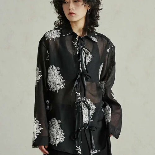 Load image into Gallery viewer, Women Black Printed Perspective Big Size Thin Blouse New Lapel Long Sleeve Shirt Fashion Tide Spring Autumn 2025 1DH4976
