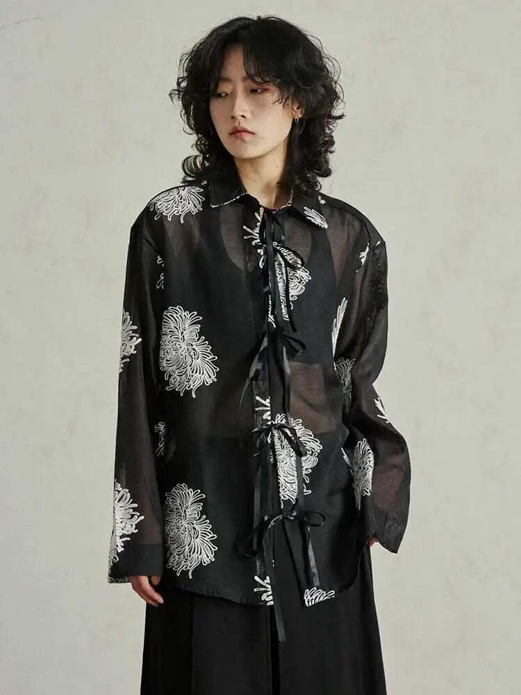 Women Black Printed Perspective Big Size Thin Blouse New Lapel Long Sleeve Shirt Fashion Tide Spring Autumn 2025 1DH4976