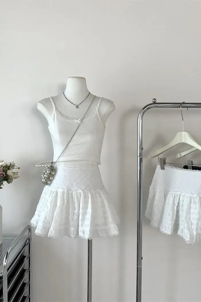 White Elegant High Waist Lace Mini Cake Skirt For Women Girl Kawaii Fairy Short Skirt Spring Summer Korean Fashion Clothing Chic