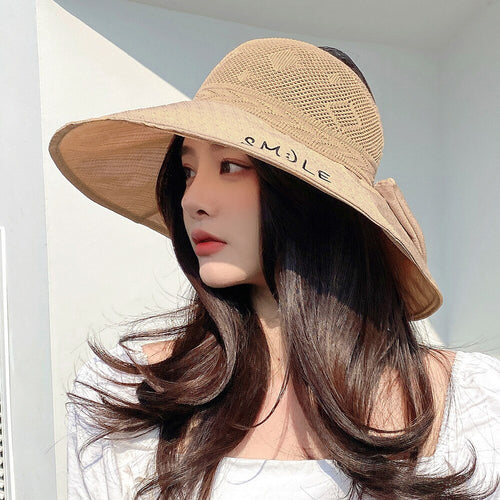Load image into Gallery viewer, Summer Hats For Women Smile Letter Fashion Hollow Straw Hat Empty Top Bow Design Sun Hat Travel Beach Sun Cap
