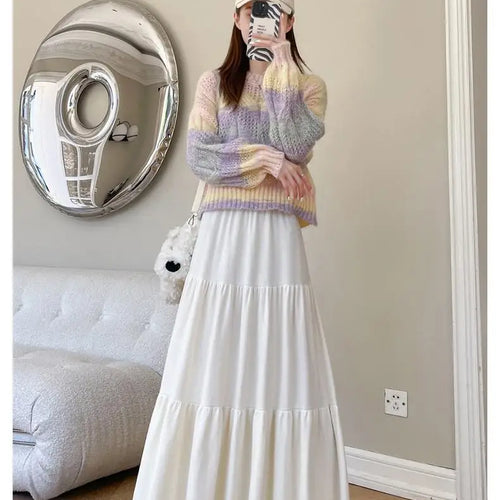 Load image into Gallery viewer, Vintage Women Solid High Waist Versatile Pleated A-line Long Skirts 2024 Autumn Winter French Sweet Cake Knit Skirt Streetwear

