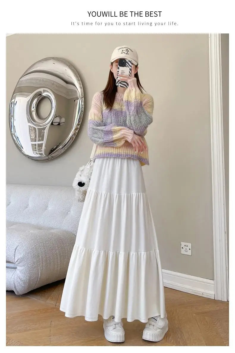 Vintage Women Solid High Waist Versatile Pleated A-line Long Skirts 2024 Autumn Winter French Sweet Cake Knit Skirt Streetwear