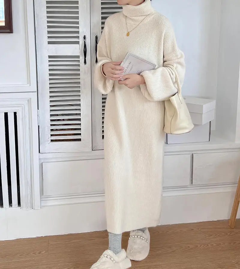 Fall Winter Knit Rib Wrap Midi Pencil Dress For Women Casual Simple Style Long Sleeve Turtleneck Sweater Dresses For Women 2023