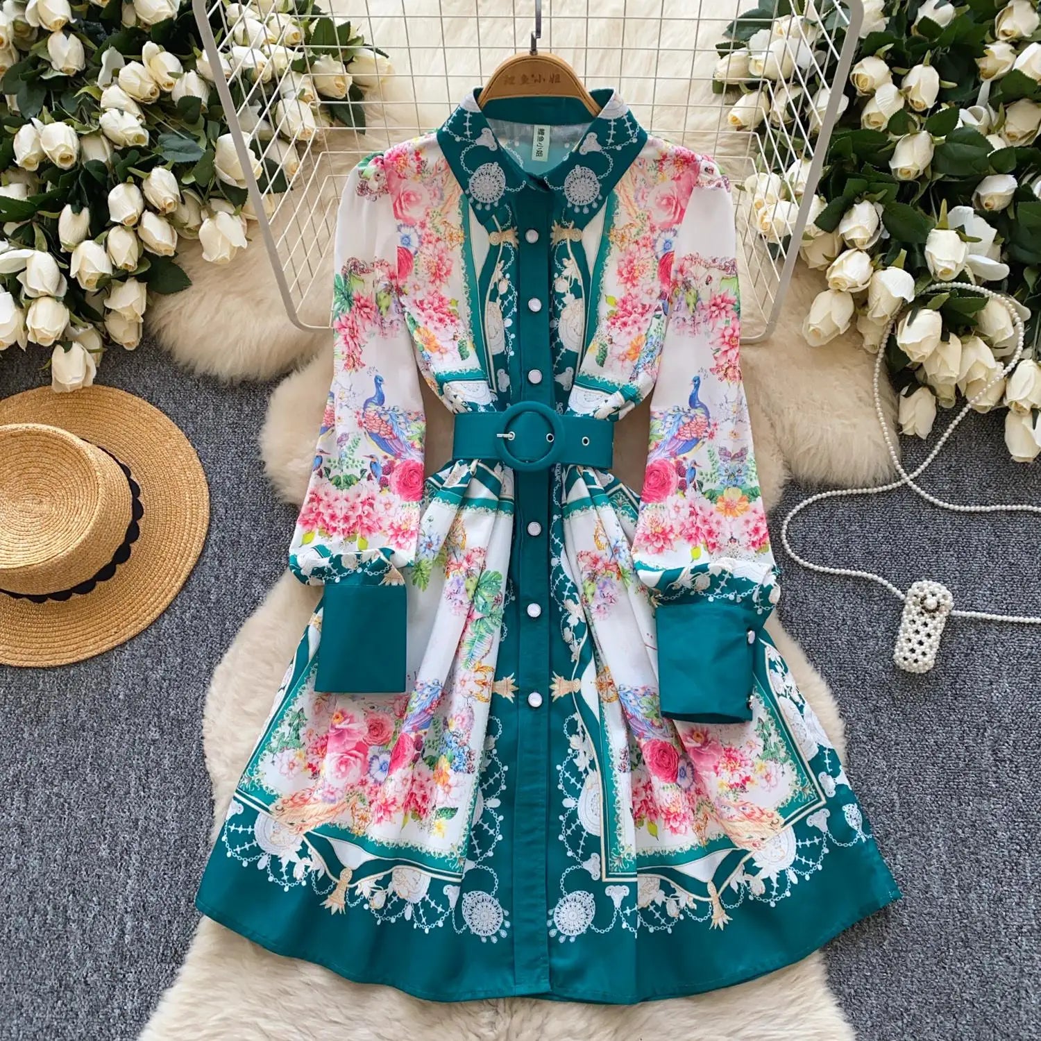 French Flower Elegant Single Breasted Long Sleeved Vacation Shirt Dress Spring Fashion Birthday Evening Party Dress Bohemian New