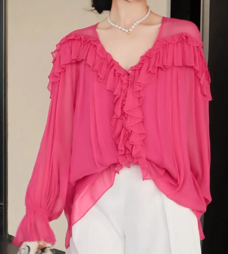 Solid Patchwork Ruffles Shirts For Women V Neck Butterfly Sleeve Casual Loose Chiffon Blouse Female Fashion Clothes