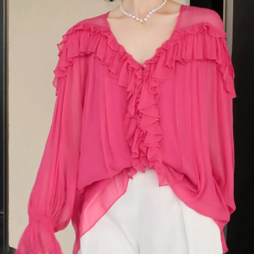 Load image into Gallery viewer, Solid Patchwork Ruffles Shirts For Women V Neck Butterfly Sleeve Casual Loose Chiffon Blouse Female Fashion Clothes
