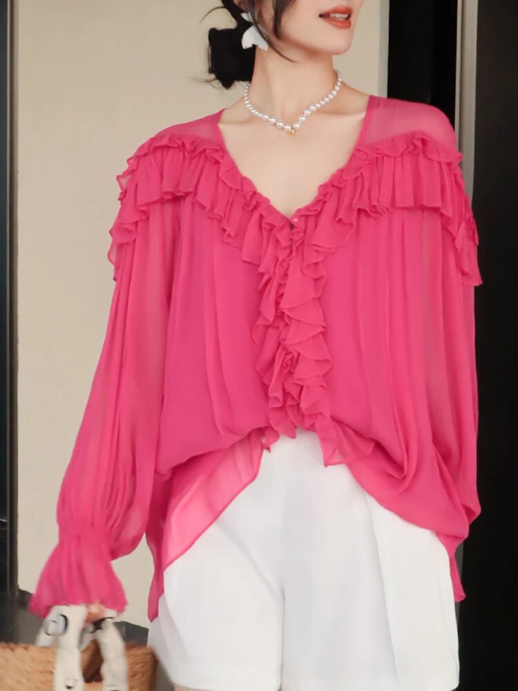 Solid Patchwork Ruffles Shirts For Women V Neck Butterfly Sleeve Casual Loose Chiffon Blouse Female Fashion Clothes