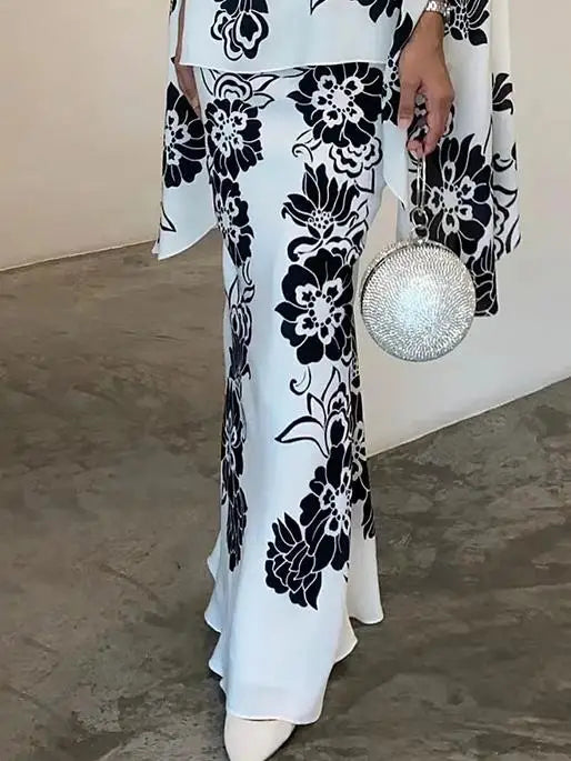 Fashion Muslim Abaya Tops Skirts Loose Two Piece Set  Autumn Spring Flower Print Women’s Muslim Outfits Set 2025 New