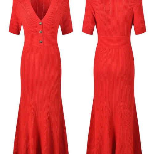 Load image into Gallery viewer, Fashion Women Solid V Neck Single Breasted Hollowed Out Knitted Dress Spring Summer Short Sleeves Festival Fishtail Long Dresses
